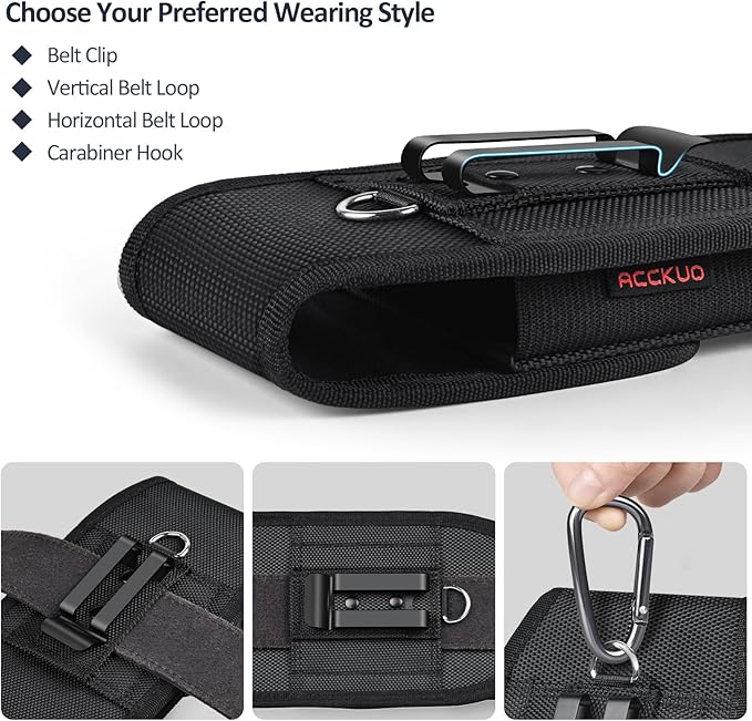 ACCKUO Phone Holster for Belt with Metal Clip and Magnetic Closure Compatible with iPhone 17 Air, 16/15/14/13/12 Pro Max, Galaxy S26/S25/S24/S23/S22 Plus & FE for Everyday Protection, L-Black
