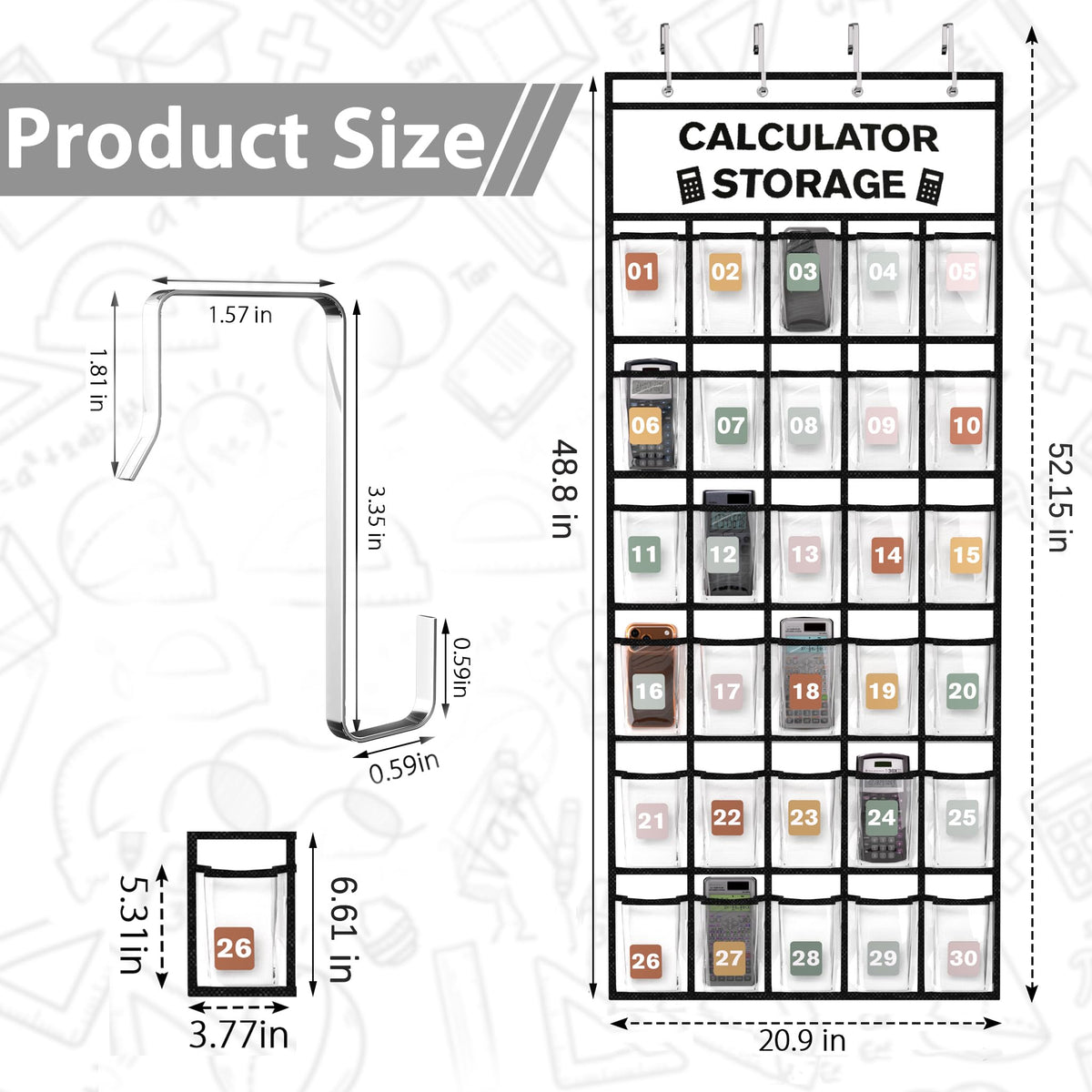30-Pocket Calculator Holder for Classroom, Hanging Calculator Pocket Chart with Clear PVC Pockets & Numbered Stickers, Calculator Storage Organizer