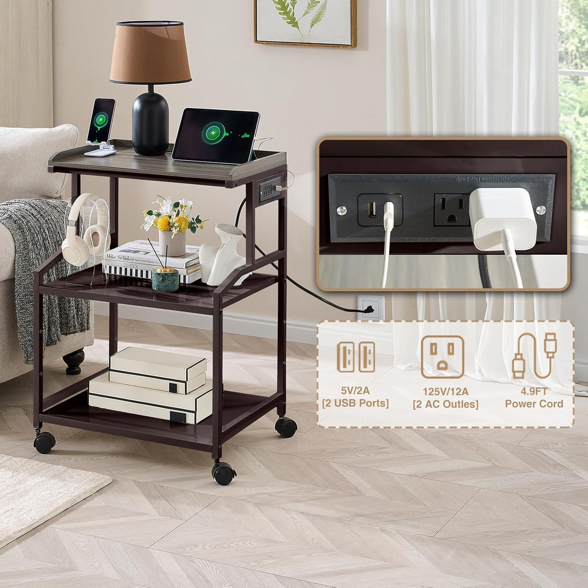 Lauren&Harold 34'' Printer Stand with Power Outlets & USB Ports, 3-Tier Adjustable Rolling Cart, Heavy Duty 150LBS Storage Table with Wheels for Office, Kitchen, Living Room, Bronze
