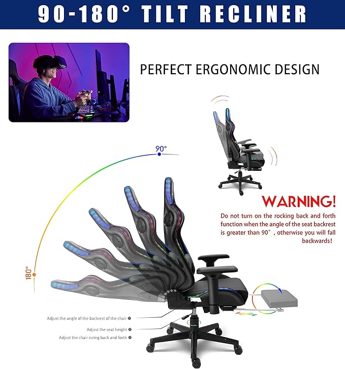 TBQATNTS Gaming Chair with Massage and SpeakersErgonomic Video Gaming Chair with Footrest and Lumbar SupportRGB Racing Gaming Chair Computer Chair for Adults and Teens 400lb.Black