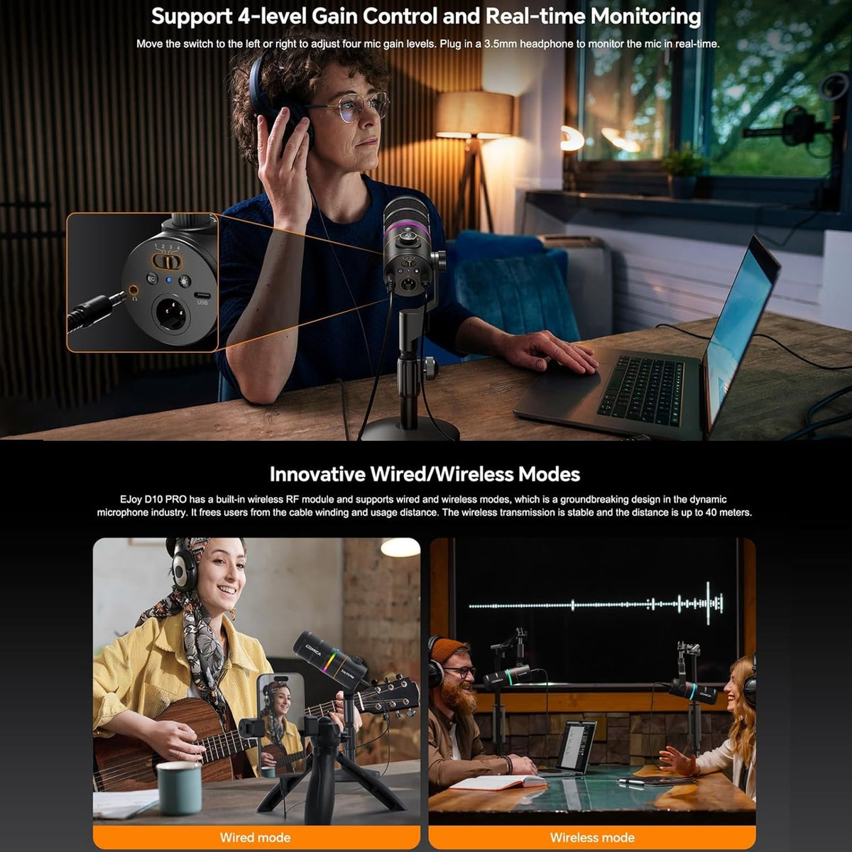 COMICA D10 Pro D Wireless/XLR/USB Dynamic Microphone with Receiver Desktop Stand- Dual Channel Cardioid Mic, 45H Battery, RGB Lights, CalMix Denoise for Gaming/Streaming/PD(PC, PS4/5, Mac,Phone-White