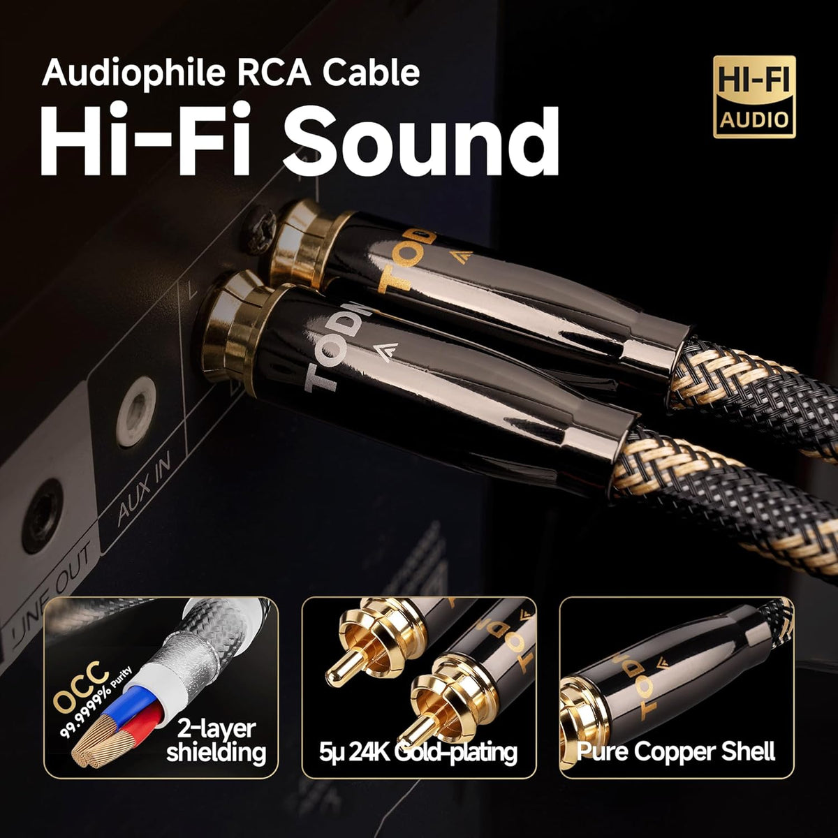 TODN HiFi RCA Cables Audiophile, Double Shielded RCA Cable Male to Male Stereo Audio Cable for Home Theater, Amps, Speakers, (6.5ft/2m, 1 Pair)