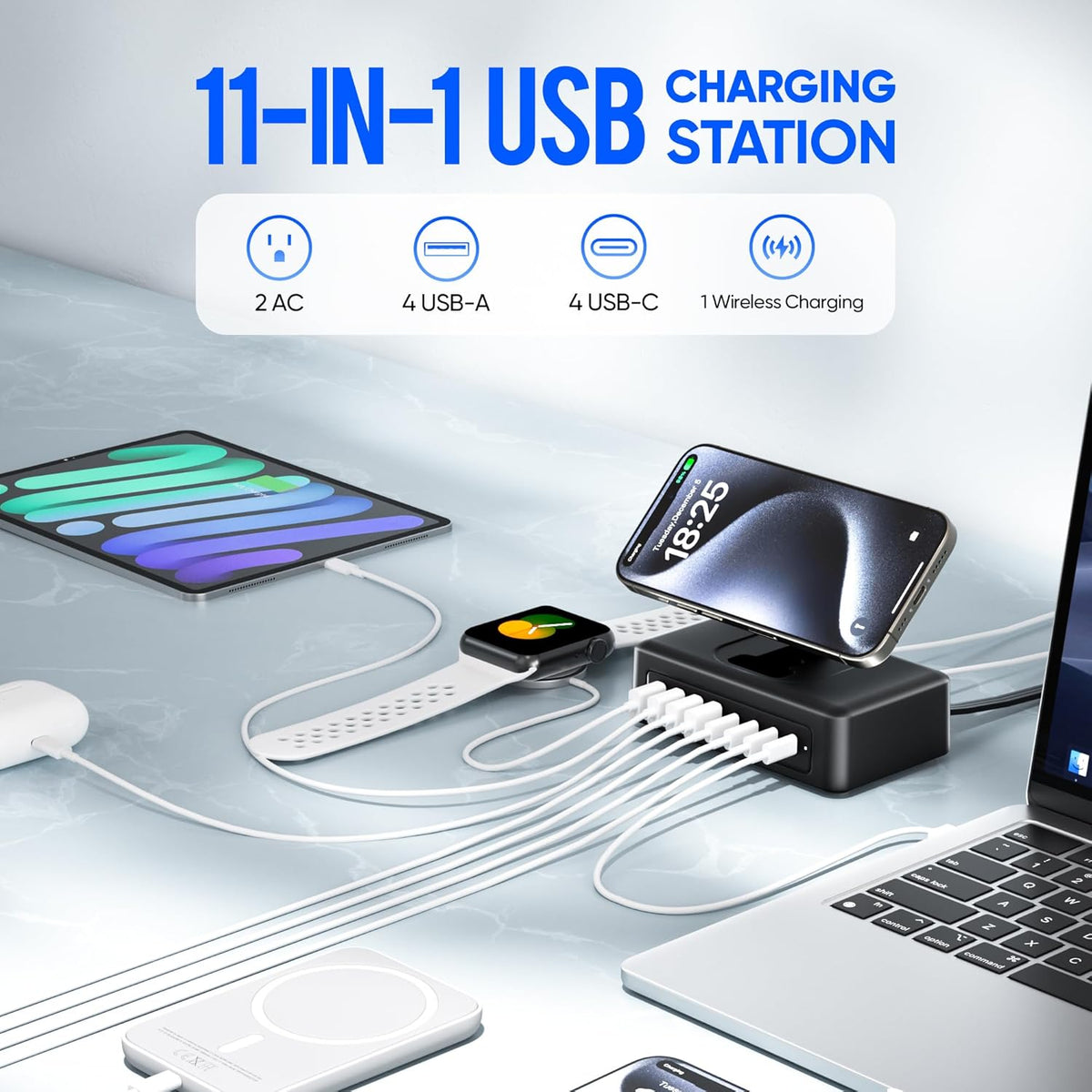 115W USB Charging Station Power Strip, 11-in-1 USB C Charger Block, 2AC Outlets with 8USB Ports(4USB-C), 5FT Flat Plug Extension Cord, Fast Charging Desktop Charger for Home Office Dorm Room, Black