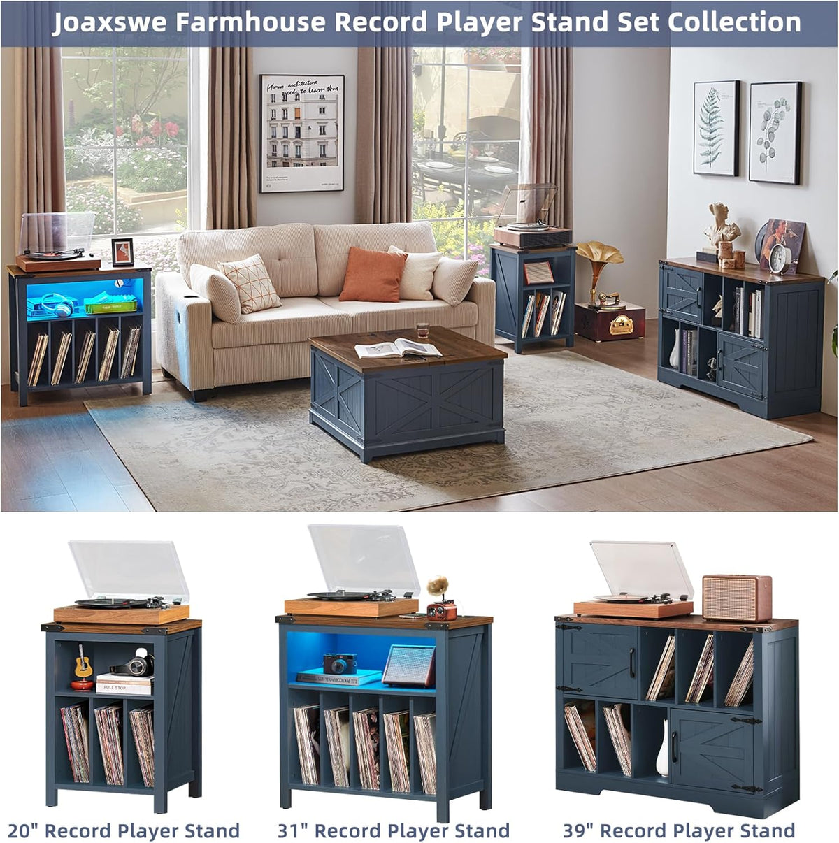 Large Record Player Stand with Vinyl Storage Up to 450 Albums, 39 Inch Farmhouse Wood Navy Blue Vinyl Records Storage Cabinet with Barn Doors, Mid-Century Turntable Stand for Living Room