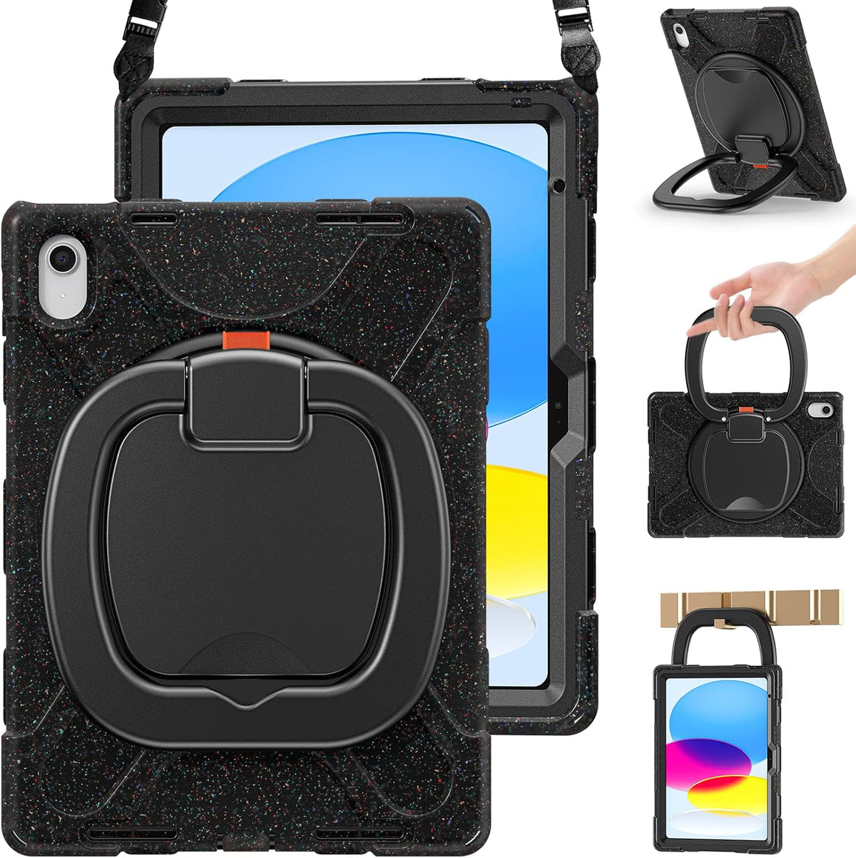 BRAECN Case for iPad (A16) 11th/10th Generation 11”/10.9'' 2025/2022-Heavy Duty Rugged Silicone Case w/Swivel Ring Stand/Kickstand/Shoulder Strap/Pencil Holder/Screen Protector-Carnival Night (Black)