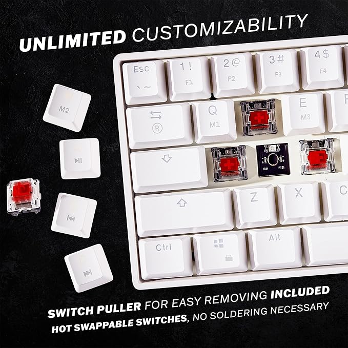 HK Gaming GK61 Mechanical Gaming Keyboard 60 Percent | 61 RGB Rainbow LED Backlit Programmable Keys | USB Wired | for Mac and Windows PC | Hotswap Gateron Optical Red Switches | White