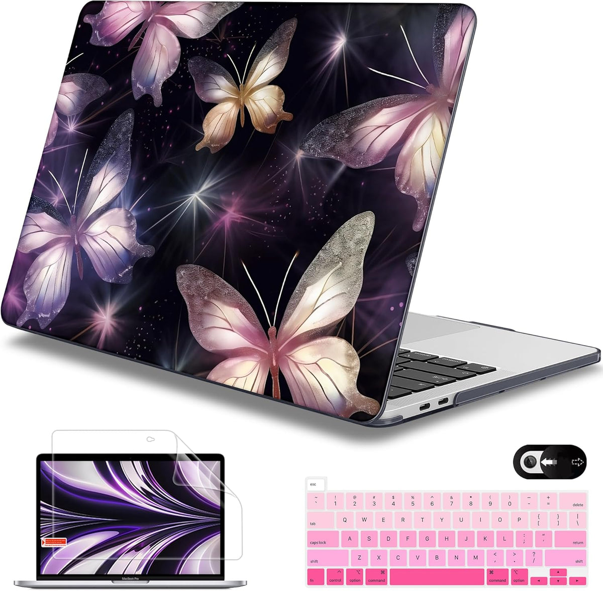 Mektron for MacBook Pro 13-inch Case 2022 2021 2020 Release A2338 M2 M1 A2289 A2251, Printed Plastic Hard Shell Cover for New MacBook Pro 13.3-inch Touch Bar Fits Touch ID, Glittering Butterfly