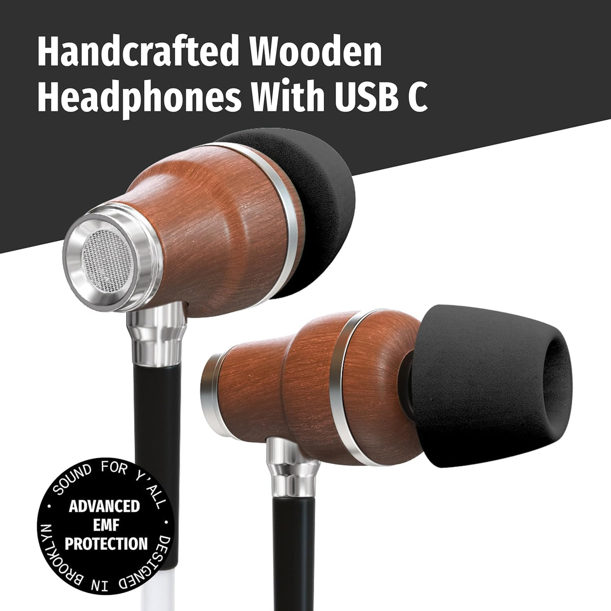 Symphonized Premium Wooden Airtube Headphones EMF Earbuds, 3D Sound, Microphone Volume Control, 8mm Bass Drivers Granting High Audio Quality for USB C Android Devices and iPhone 15 and Up ONLY