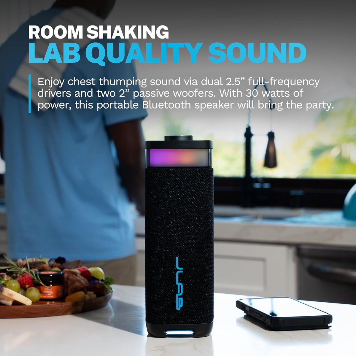 JLab JBuds Party Portable Bluetooth Speaker, 2 Full-Range Drivers + 2 Passive Woofers, IP56 Waterproof, 12 Hours Playtime, Connect Multiple Speakers, Custom Sound + RGB Lighting via App, Black