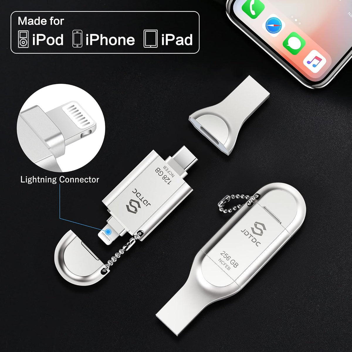 iPhone-Flash-Drive Genuine Apple MFi Certified 128GB Photo-Stick-iPhone-Memory 16/15/14 Photo-Storage-Stick External-Storage-Thumb-Drive Apple-Photo-Transfer-Device Phone-Storage-Saver-iPad-USB-Drive