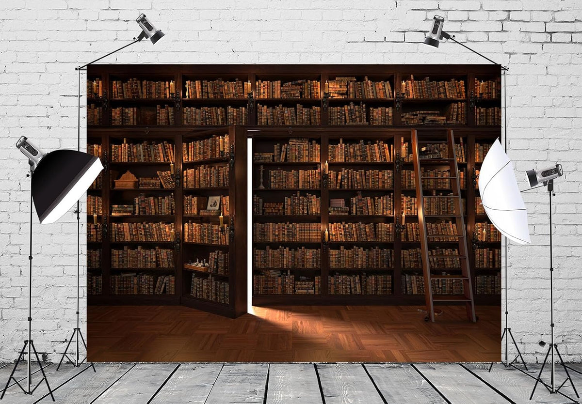 BELECO 5x3ft Fabric Mysterious Magic Library Backdrop Vintage Wooden Bookshelf Old Books Candles Stairs Book Stacks