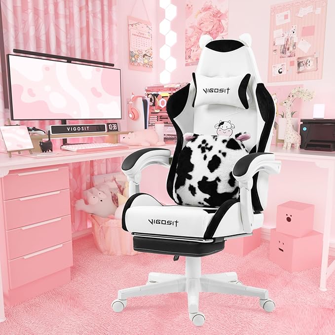 Gaming Chair Cute with Cat Ears Paw Lumbar and CushionErgonomic Computer Chair with FootrestReclining PC Game Chair for Girl Computer Chair 300lbs for Adult (Black&ampWhite)