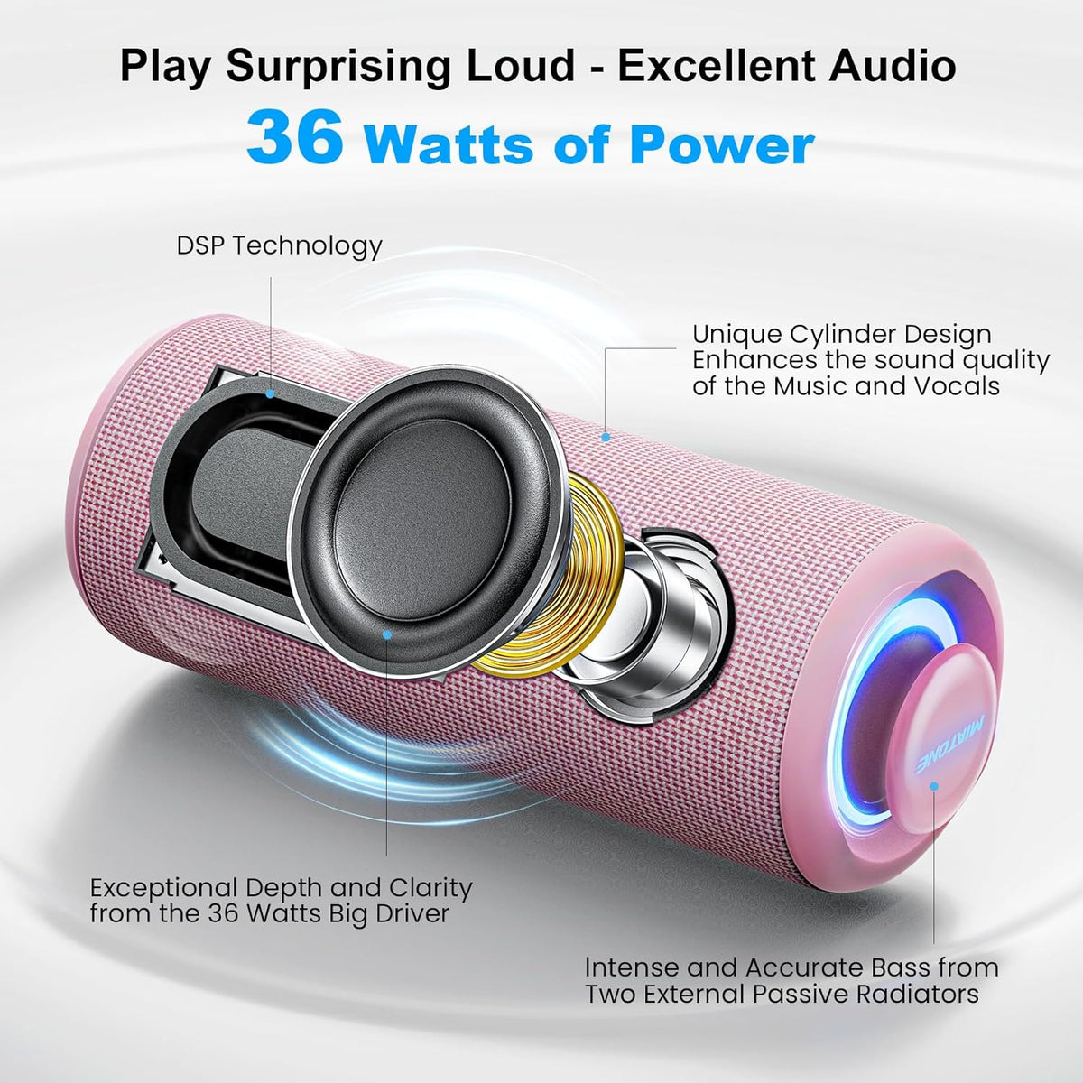 MIATONE Portable Bluetooth Speaker 36W Stereo Sound Bass Boost, 24H Playtime Bluetooth 5.3 TWS Pairing (Pink)