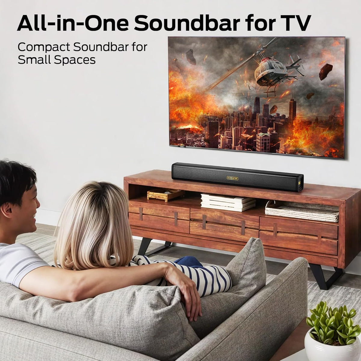 Monster S220 Bluetooth Soundbar for TV, Bluetooth 5.4 Sound Bar, 2.0CH with Dual Bass Diaphragm, All-in-one Home Theater Speakers, Compact, AUX/USB/TF Card Connection for TV/PC/Gaming/Projectors
