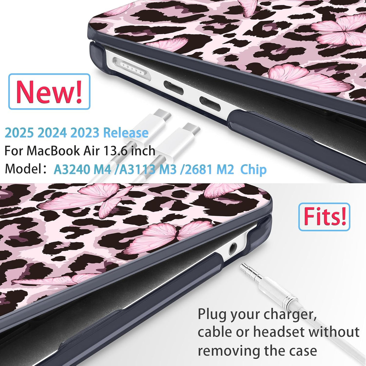 Mektron for 2025 M4 MacBook Air 13.6 Inch A3240 Case Fits 2023 A2681 M2 2024 A3113 M3 Chip with Liquid Retina Display Touch ID, Printed Plastic Hard Shell for MacBook Air 13.6", Leopard Pink Butterfly