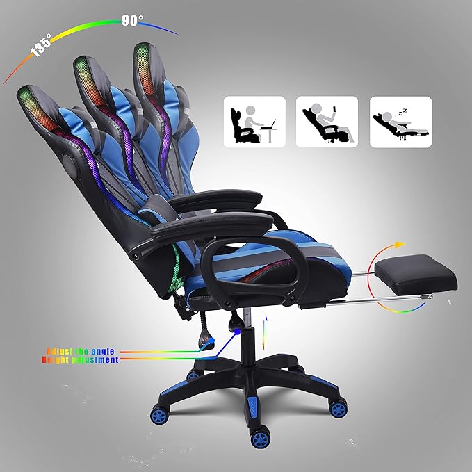 Massage Gaming Chair with Speakers and LED Light Ergonomic Computer Gaming Chair with Footrest and Adjustable Lumbar Support PU Leather 90°-135° Racing Video Gaming Chair.Pink