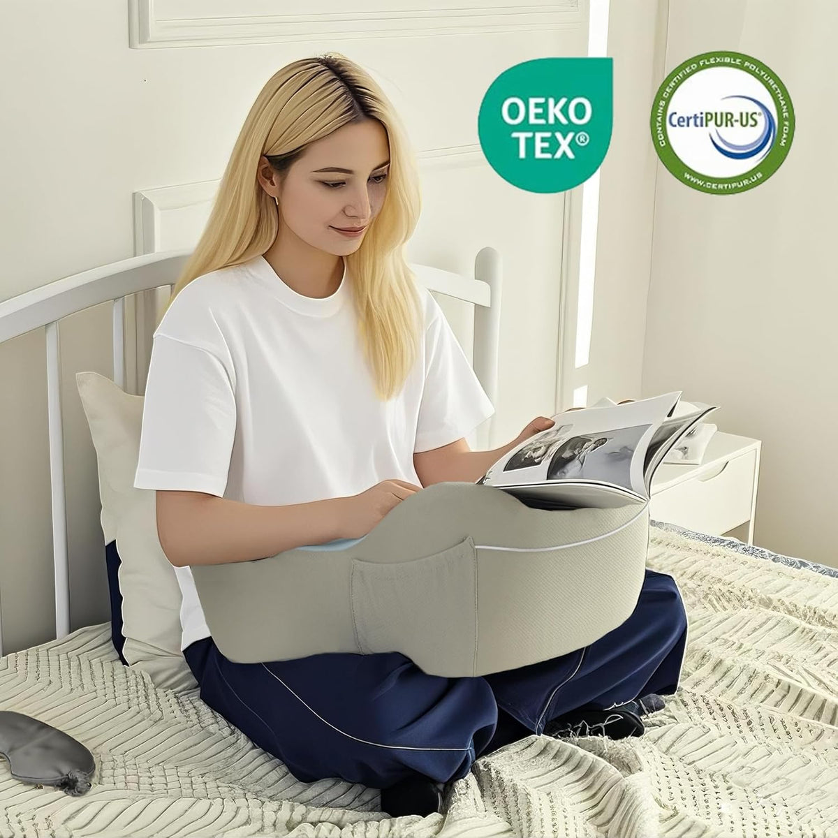 XWZO Laptop Lap Desk with Cushion, Ergonomic Wrist Rest Home Office Laptop Desk, Portable Memory Foam Arm Rest Gaming Pillow, Work or Sleep Pillow Stand for Bed, Eye Mask Included, Blue