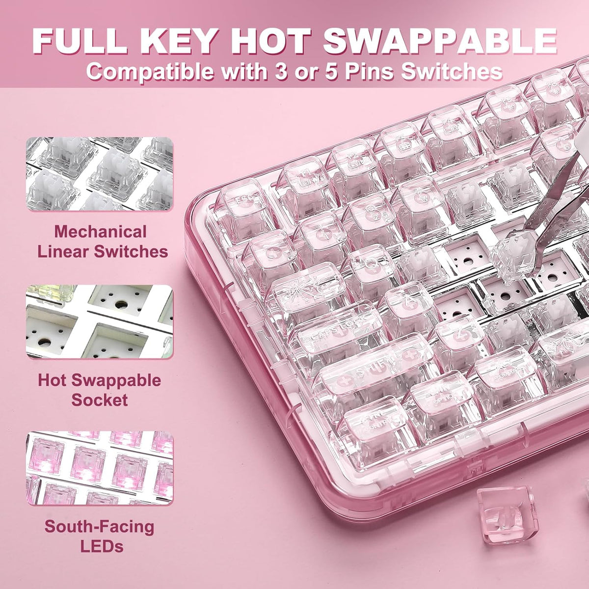 YUNZII X98 QMK/VIA Wireless Mechanical Gaming Keyboard with Knob,Tri-Mode BT5.0/USB-C/2.4GHz Hot Swappable Keyboard,Pre-lubed Switches Gasket Mount RGB Backlit for Wins/Mac (Pink, Snow Switch)