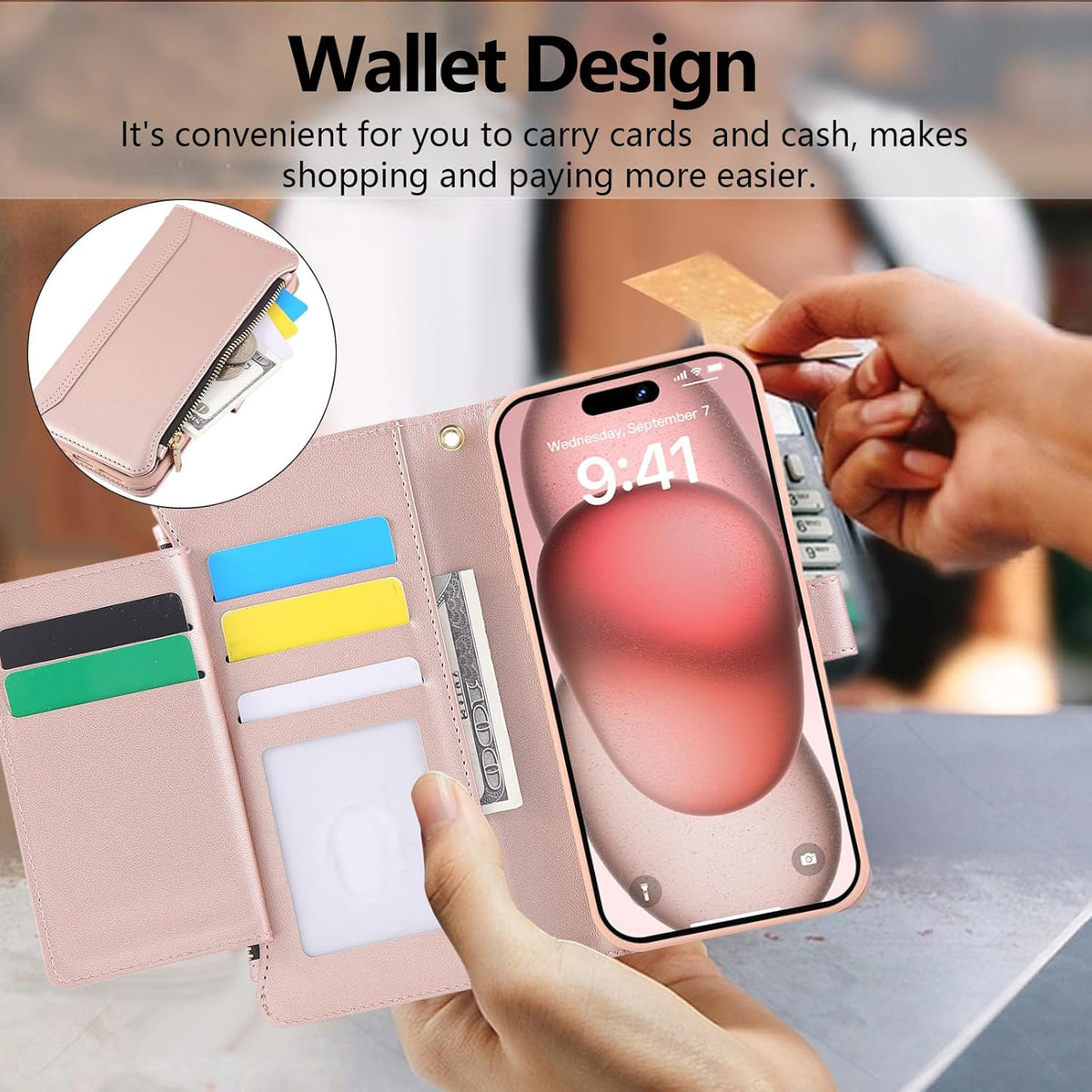 Compatible with iPhone 15 Pro Wallet Phone Case-PU Leather Magnetic Flip Cover with Credit Card Slots,Zipper Pocket & Detachable Wrist Strap,Shockproof Design,for Women and Men-Pink