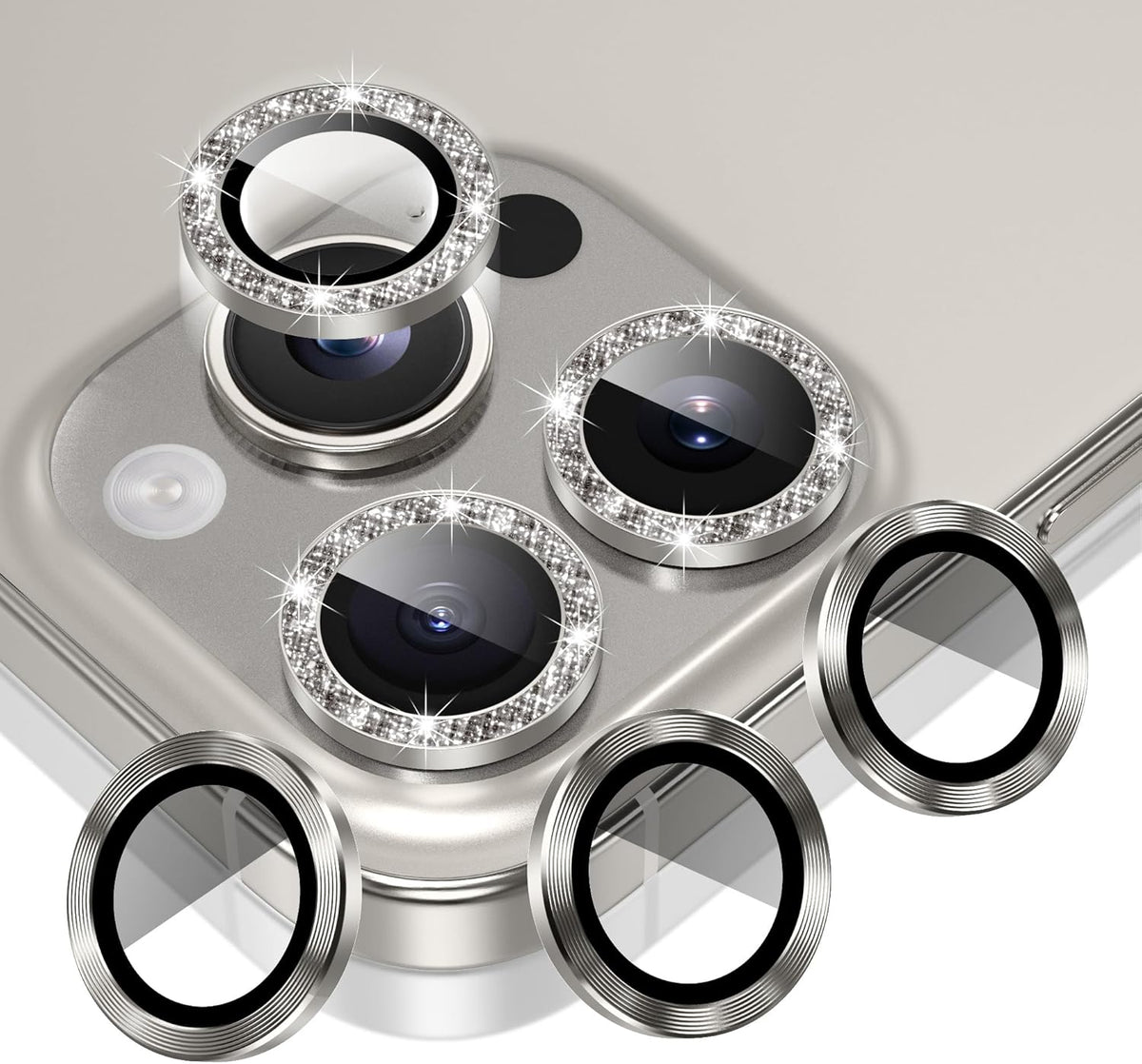 AGVEE 3+3 6 Pack for iPhone 16 Pro 6.3" / 16 Pro Max 6.9" Camera Lens Cover Protector, Bling Glitter & CD-Textured Metal Ring 9H Tempered HD Glass Camera Cover Protector Film, Glitter-Natural