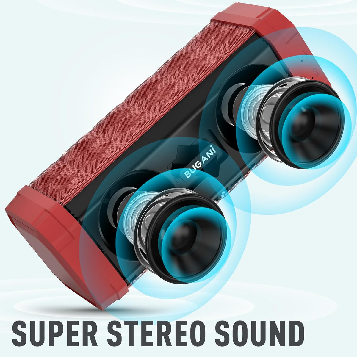 BUGANI Bluetooth Speaker Portable Wireless Speaker, 100ft Wireless Range, Louder Volume, Stereo Sound, Amazing Bass 24H Playtime, IPX5, Built-in Mic, Waterproof Speaker for Home, Outdoor, Red