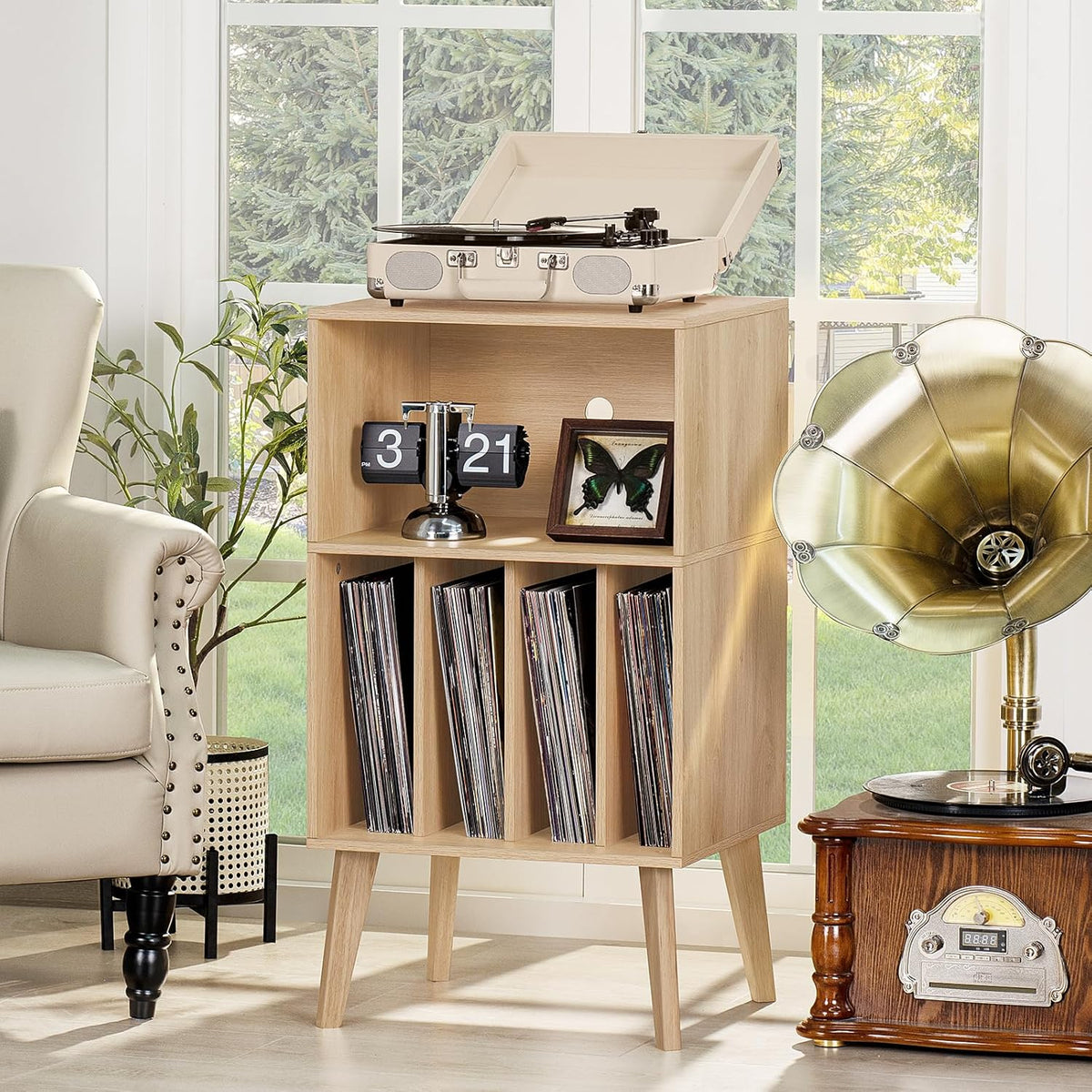 Lerliuo Record Player Stand, Burlywood Turntable Stand Holds up to 160 Albums, Mid-Century Vinyl Storage Cabinet Table with Solid Wood Legs, Record Player Holder Dispaly Shelf for Bedroom Living Room