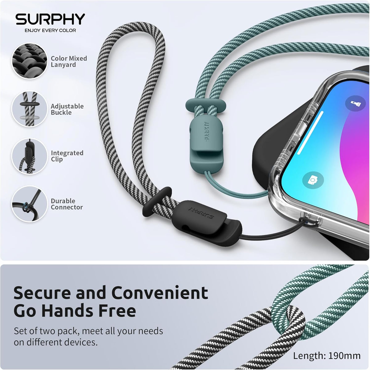 SURPHY 2 Pack Phone Lanyard for Cellphone Case, Phone Wrist Strap for Case, Cellphone Strap with 2-Color Braided, Charm Wrist Lanyard for Women and Men, Black & Green