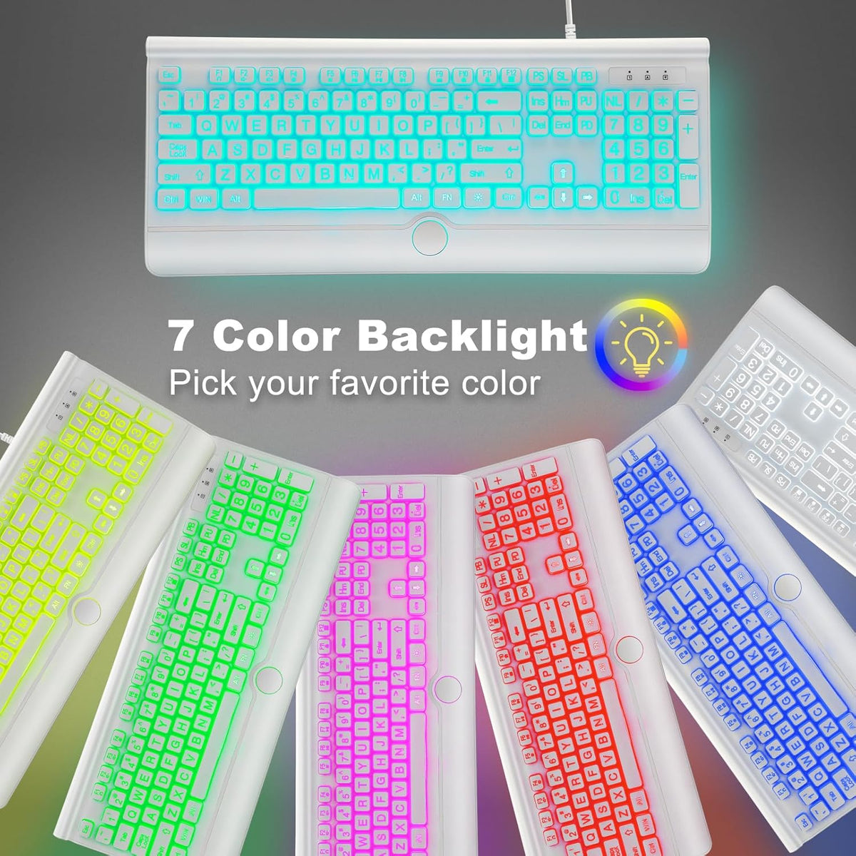 Large Print Backlit Computer Keyboard, USB Full Size Wired Keyboards with 7-Colors Backlight, Wrist Rest, Light Up Keyboard for Windows, PC, Laptop - Easy to See, Easy to Setup