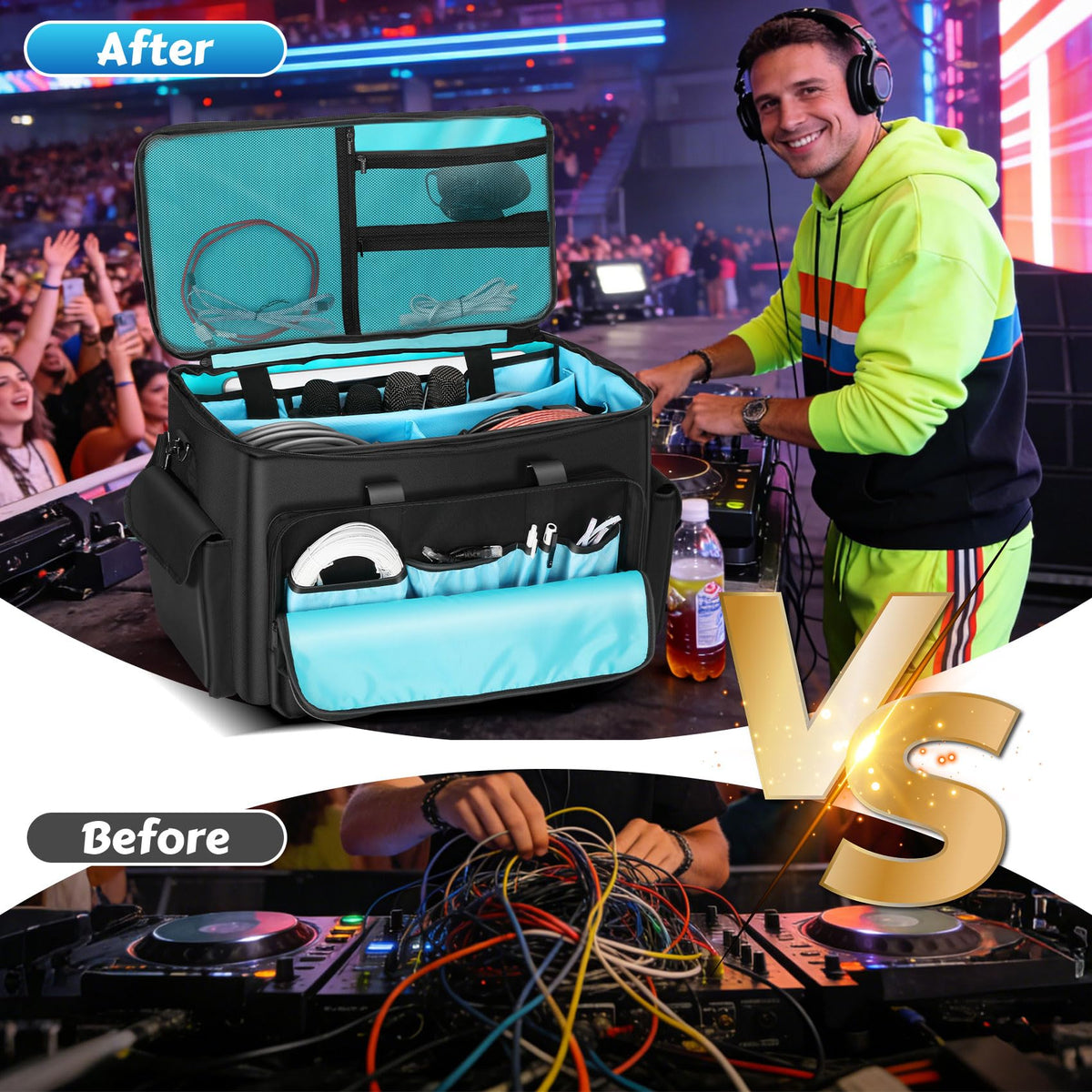 DJ Cable Bag, Rolling DJ Cable Bag with Detachable Trolley & Dividers, Large Capacity Gig Bag with Laptop Compartment, Professional Organizer Bag for