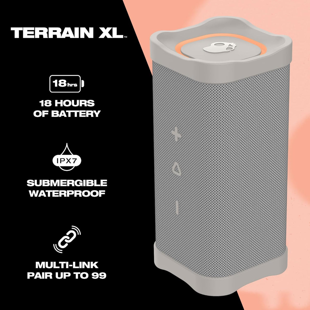 Skullcandy Terrain XL Wireless Bluetooth Speaker - IPX7 Waterproof Portable Speaker, 18 Hour Battery, Nylon Wrist Wrap, True Wireless Stereo (Bone)