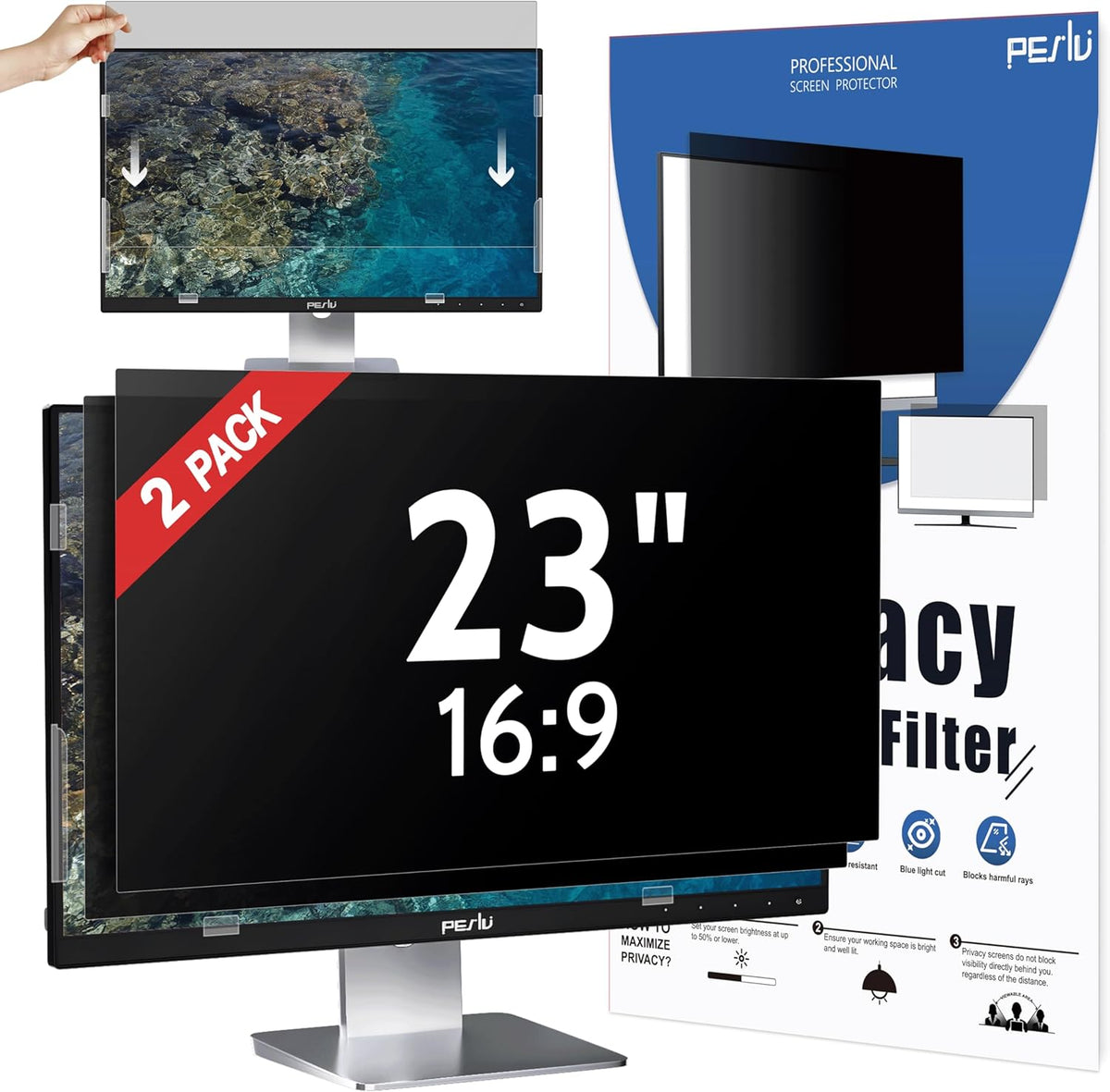 [2 Pack] 23 Inch Privacy Screen for Computer Monitor 16:9 Aspect Ratio, Eye Protection Anti Blue Light Glare Shield, 23inch Removable Black Blackout Anti Spy Desktop Security Private Filter