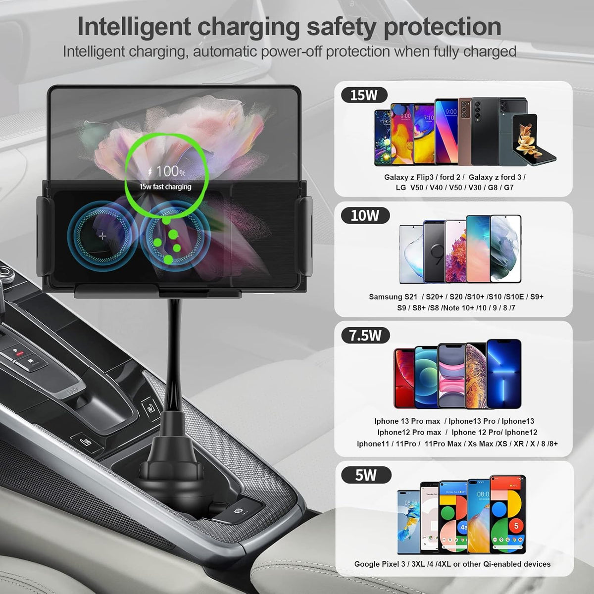 Wireless Car Charger for Z Fold 6/5/4/3, Dual Coil Cup Holder Phone Mount for Tesla, Fast Charging Auto Clamping Auto Rotation 90° Air Vent Mount for iPhone 16/15/14/13/12 Serie