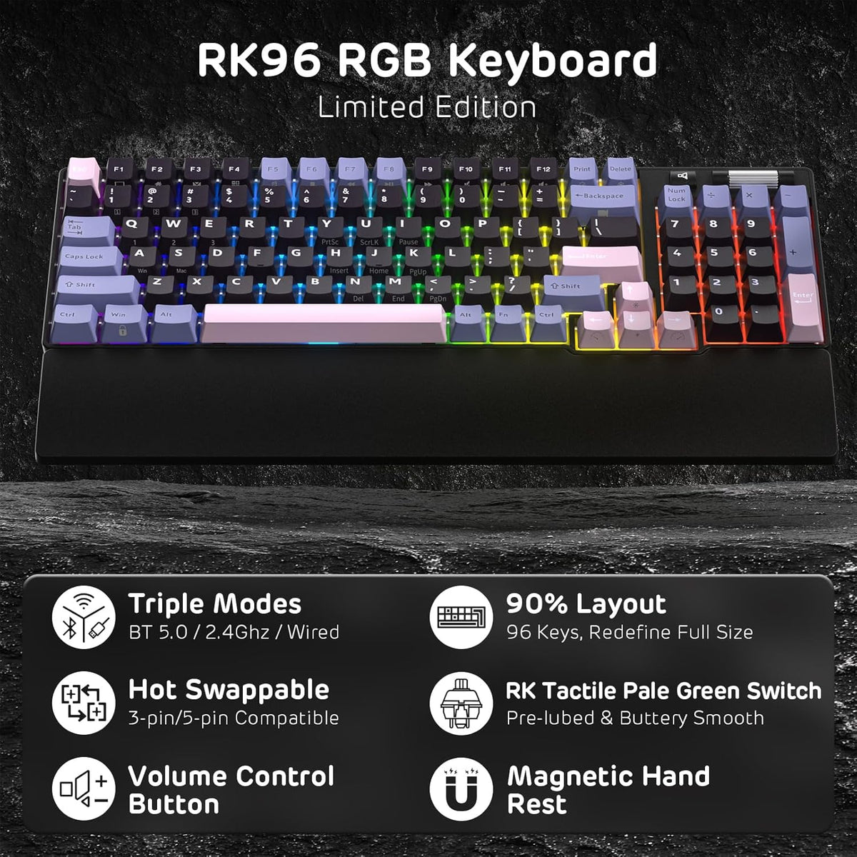 RK ROYAL KLUDGE RK96 RGB Limited Ed, 90% 96 Keys Wireless 3-Mode BT5.0/2.4G/USB-C Hot Swappable Mechanical Keyboard w/Wrist Rest, Volume Control, Software, Massive Battery, RK Pale Green Switch