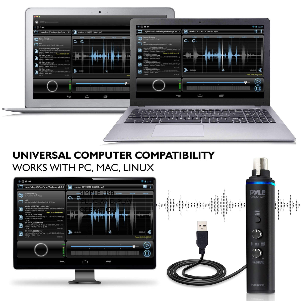 Pyle Microphone XLR-to-USB Signal Adapter - Universal Plug and Play XLR Mic to PC Adaptor for Digital Recording w/ Mix Audio Control, +48V Phantom