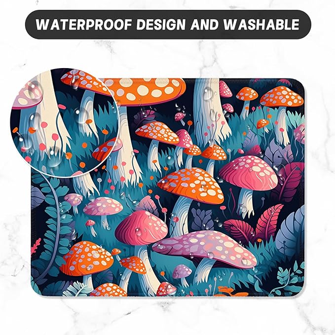 ITNRSIIET Mouse Pad with Stitched Edge Premium Textured Smooth Precise Operation Waterproof Washable Non-Slip Rubber Base Desktop Protection Mat, 10.2×8.3×0.12 inches, Pretty Mushroom
