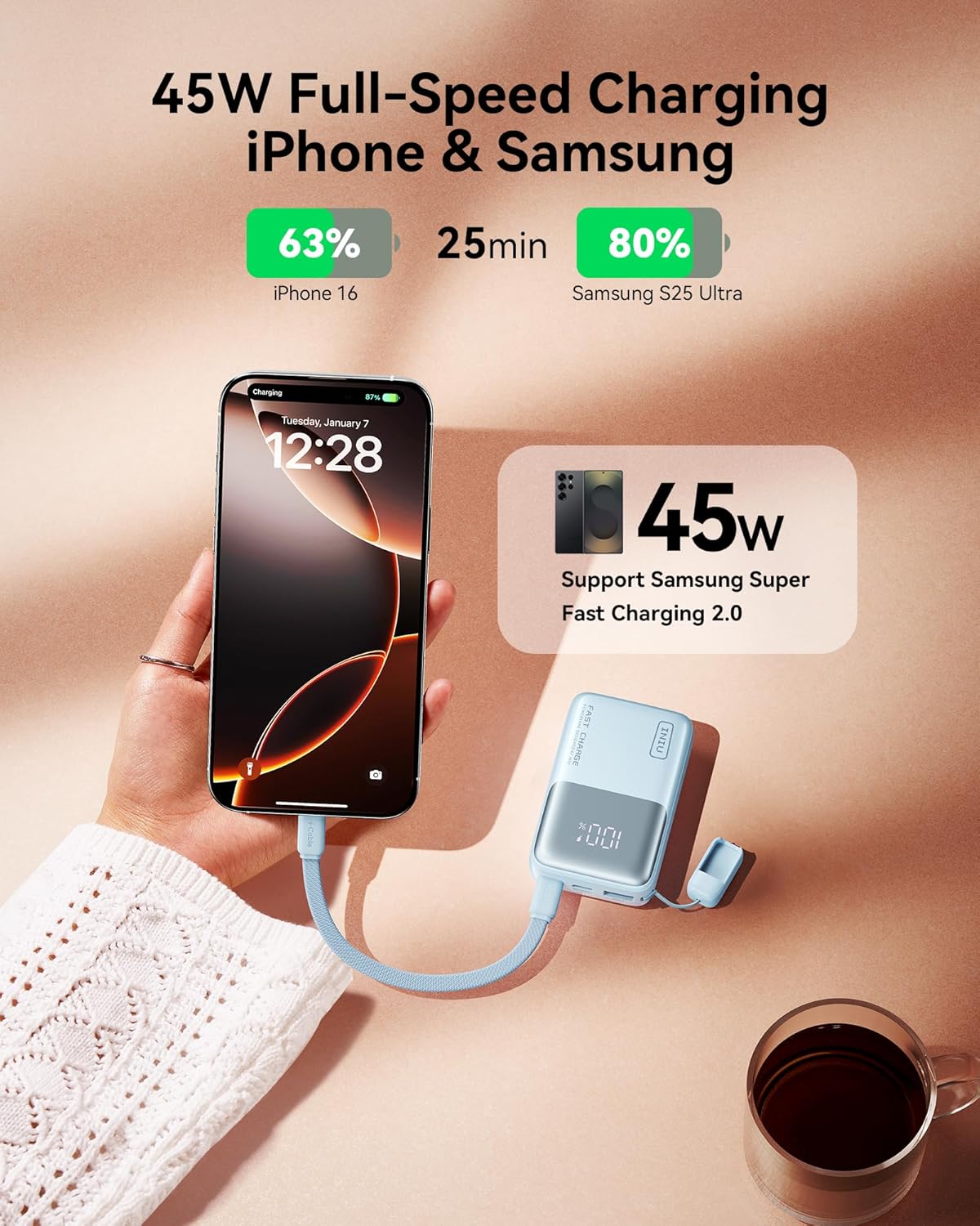 INIU Portable Charger, Ultra Small 10000mAh 45W PD Power Bank, USB C in&Out Fast Charging Battery Pack, Travel Essentials Powerbank for iPhone 16/15/14/13 Pro Max, iPad mini/Air, Samsung S22 S22 etc