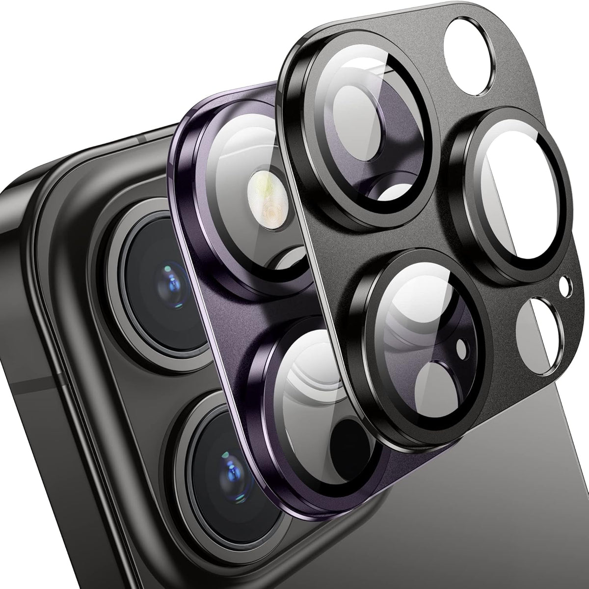 Camera Lens Protector for iPhone 14 Pro/iPhone 14 Pro Max, Alloy Metal Camera Cover with Tempered Glass Screen Protector Accessories,Purple and Black