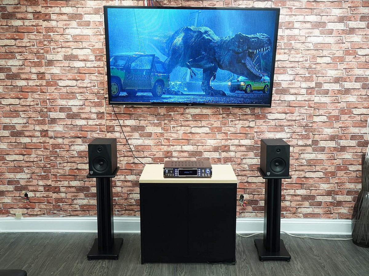 Rockville Pair SS28B Premium Black Wood Grain 28" Home Speaker Stands, 100lb Capacity, Solid MDF Wood, Dual Platforms, Spikes and Pads Included, for Home Theater and Studio Audiophiles