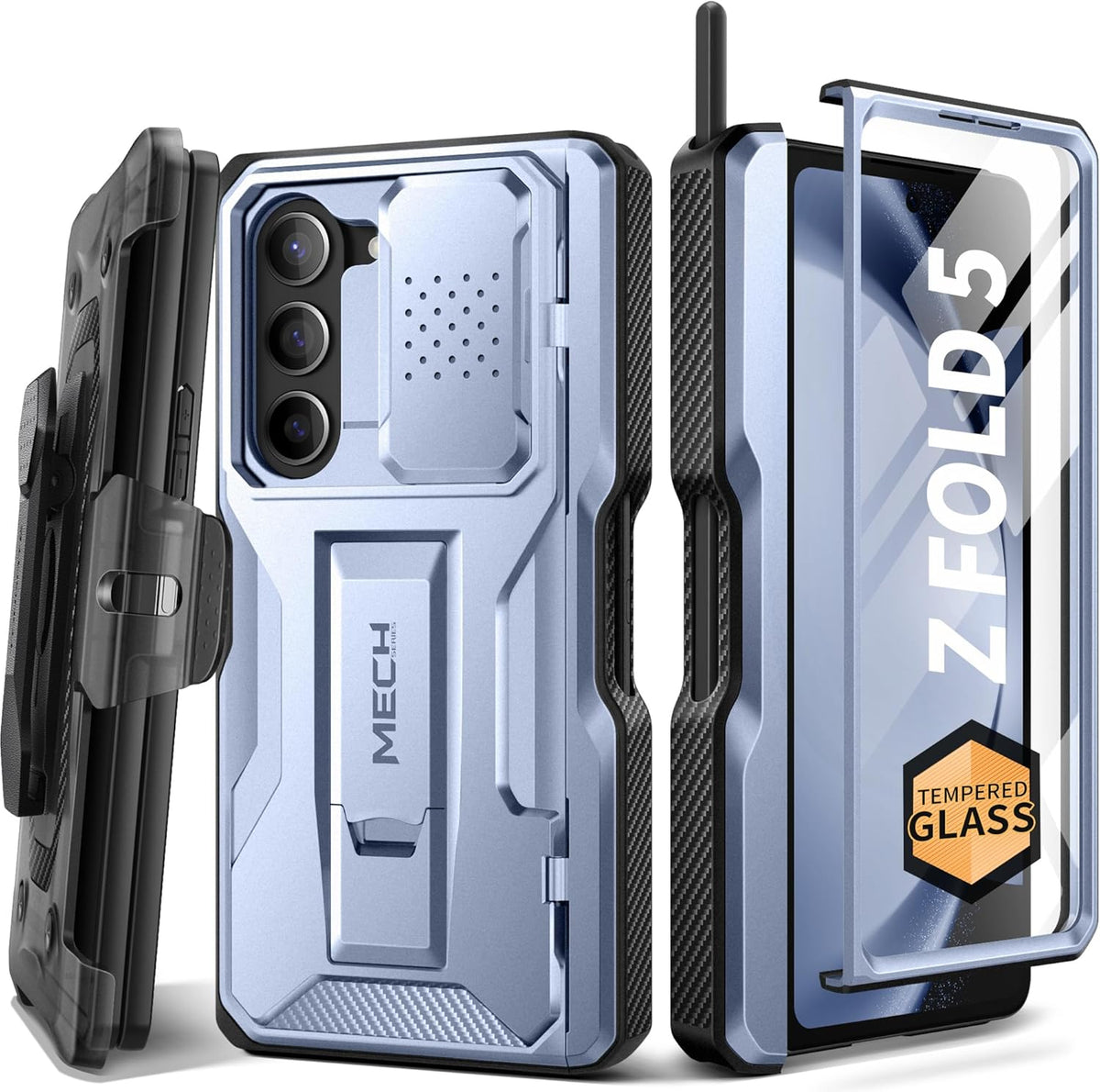 TONGATE for Z Fold 5 Case, [with S Pen Slot & Hinge Protection] [Tempered Glass Screen Protector] Full-Body Military Drop Phone Case for Samsung Galaxy Z Fold 5 with Kickstand & Belt Clip, ICY Blue