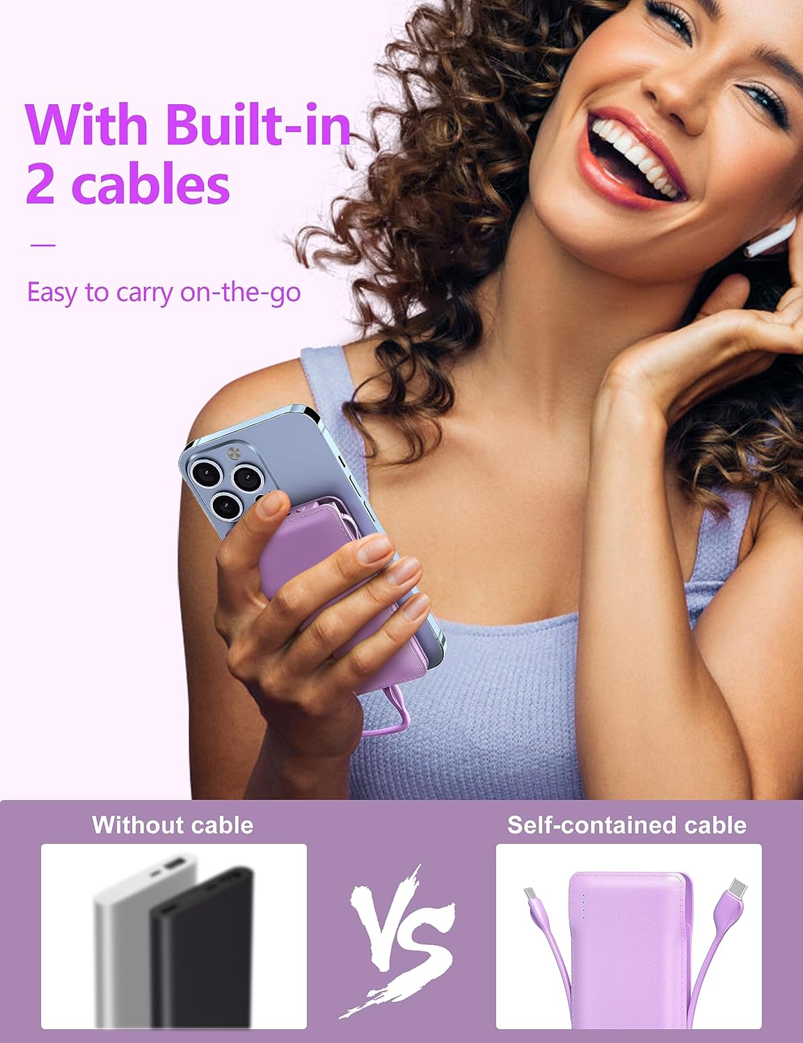 10000mAh Portable Phone Charger with Built-in 2 Cables, Small Slim Mini Power Bank Fast Charging, USB-C In/Output External Battery Pack, Travel Essentials Compatible with Android/IOS Phones