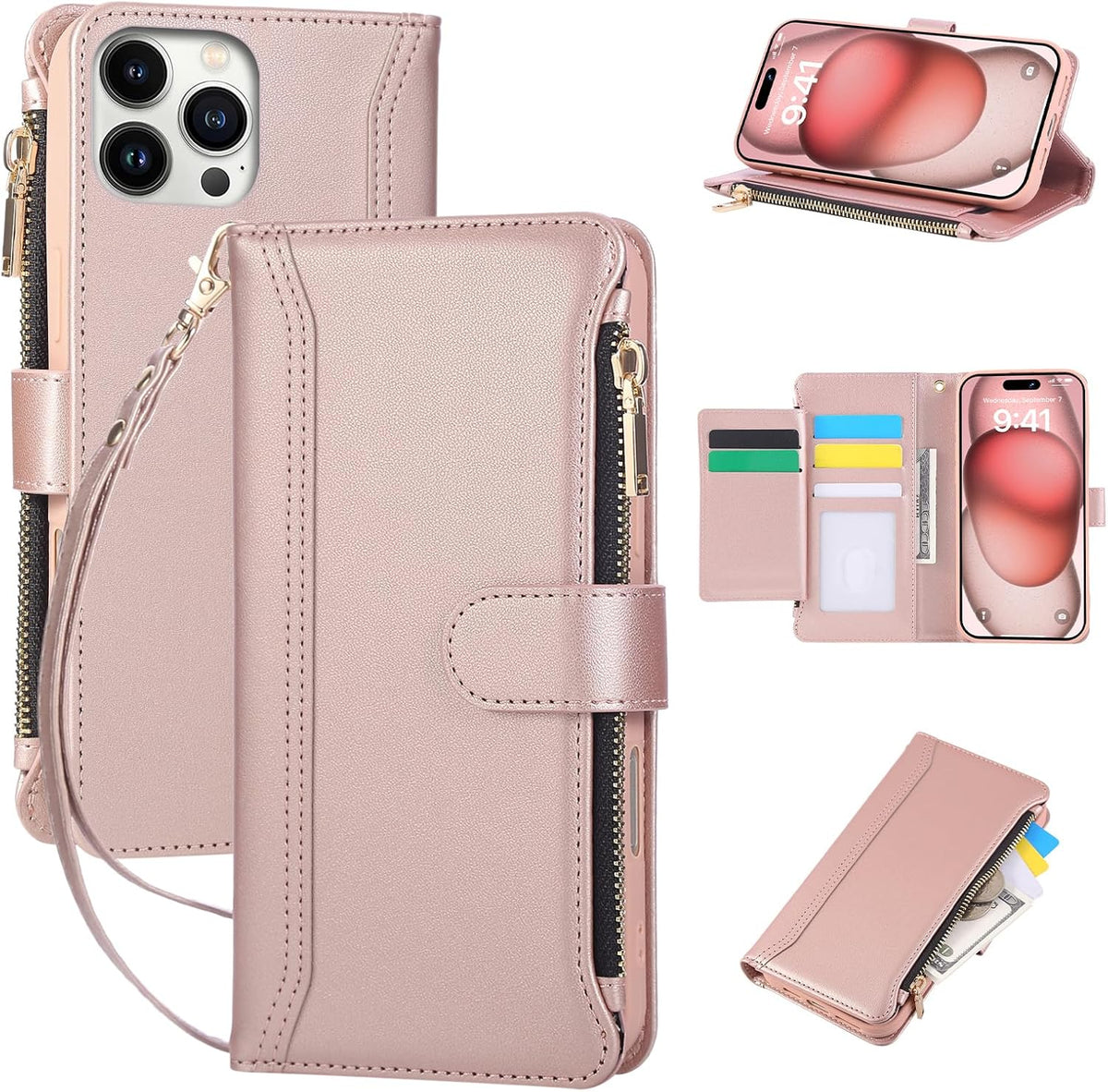 Compatible with iPhone 12 Pro Max Wallet Phone Case-PU Leather Magnetic Flip Cover with Credit Card Slots,Zipper Pocket & Detachable Wrist Strap,Shockproof Design,for Women and Men-Pink