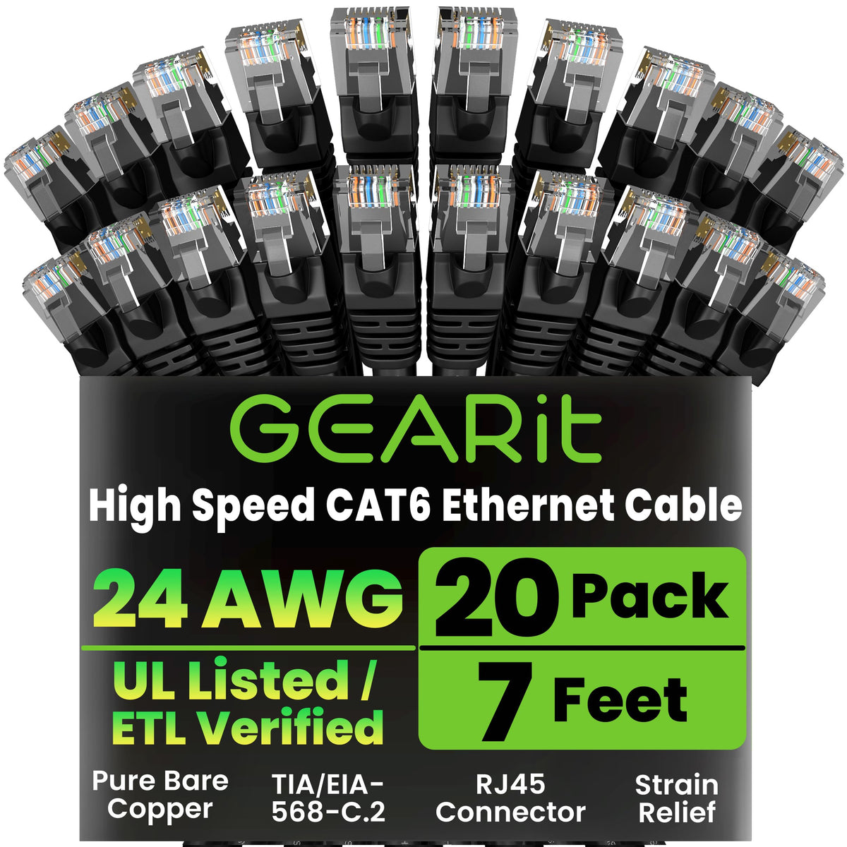 GEARit Cat 6 Ethernet Cable Pack - 20-Pack 7 ft Cat6 Ethernet Patch Cables | RJ45 Network Patch Cable, 10 Gbps Snagless Gold-Pla