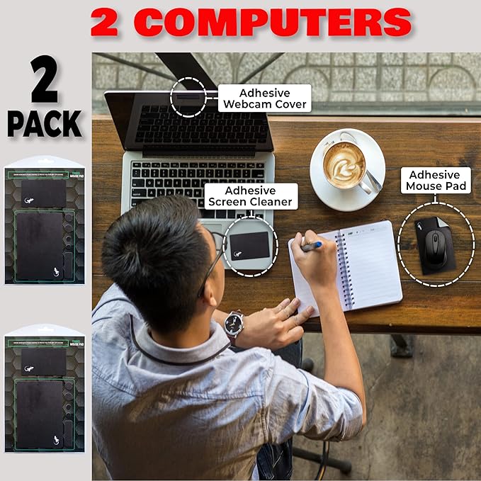 Mouse Pad Adhesive Bottom - Sticks to Any Surface - Portable - Webcam Covers and Screen Cleaner Included (2 x Black)