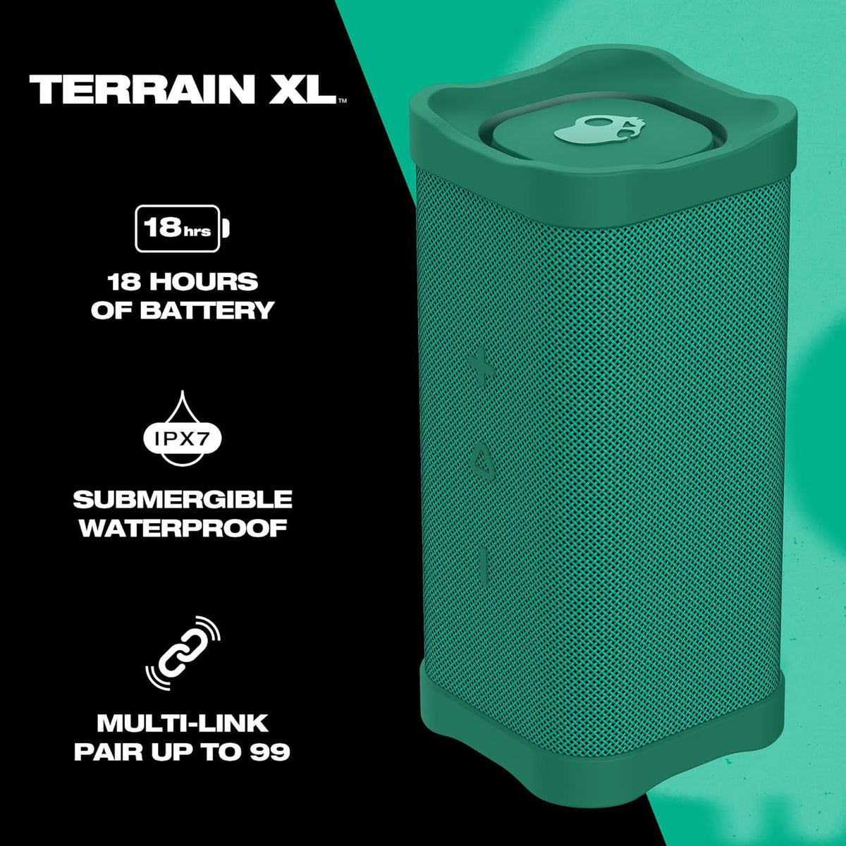 Skullcandy Terrain XL Wireless Bluetooth Speaker - IPX7 Waterproof Portable Speaker, 18 Hour Battery, Nylon Wrist Wrap, True Wireless Stereo (Green)