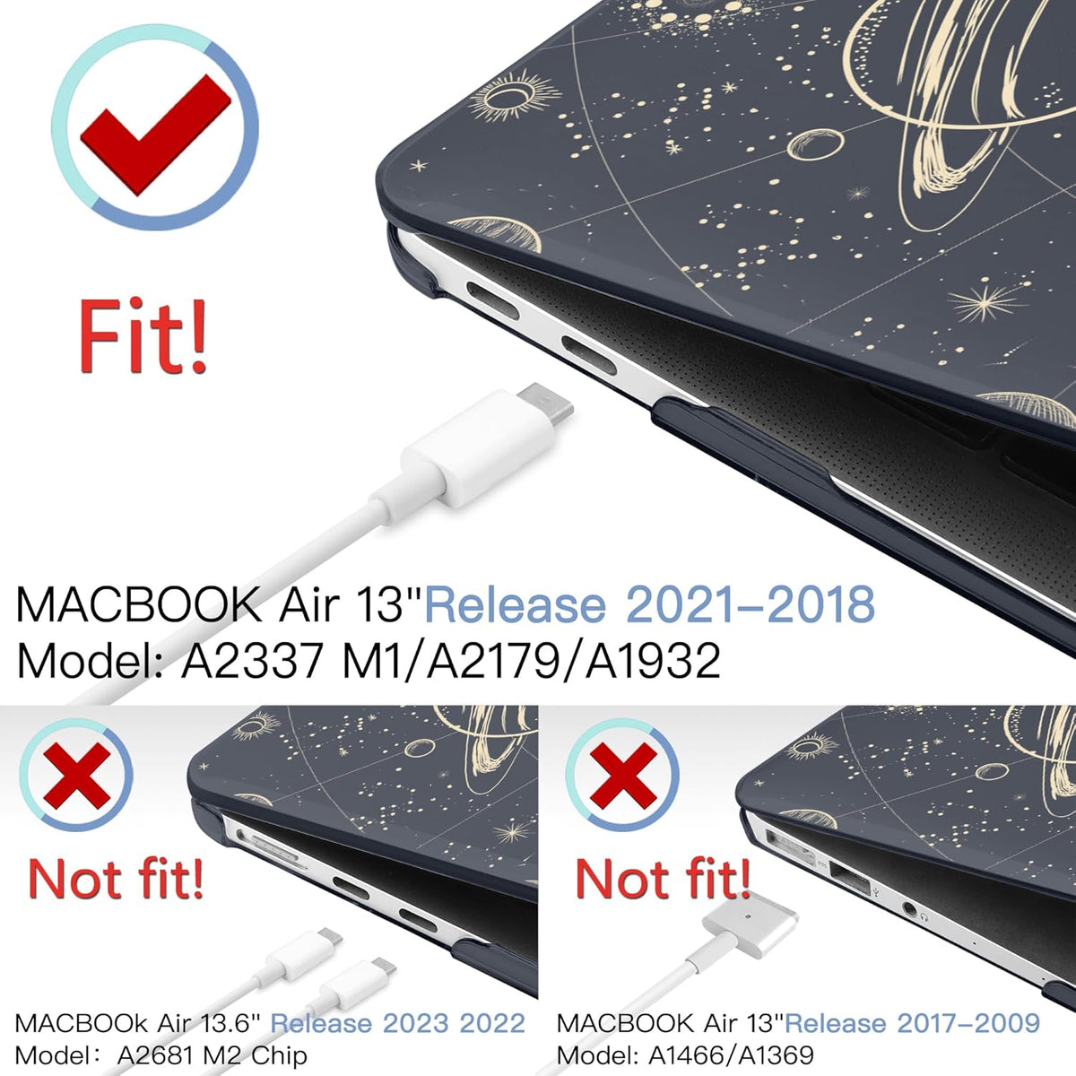 MEEgoodo for MacBook Air 13.3 inch Case 2021 2020 2019 2018 A2337 M1 A2179 A1932, Clear Case for MacBook Air M1, Hard Shell with Keyboard Webcam Cover & Trackpad Film & Type C Adapter,Moon