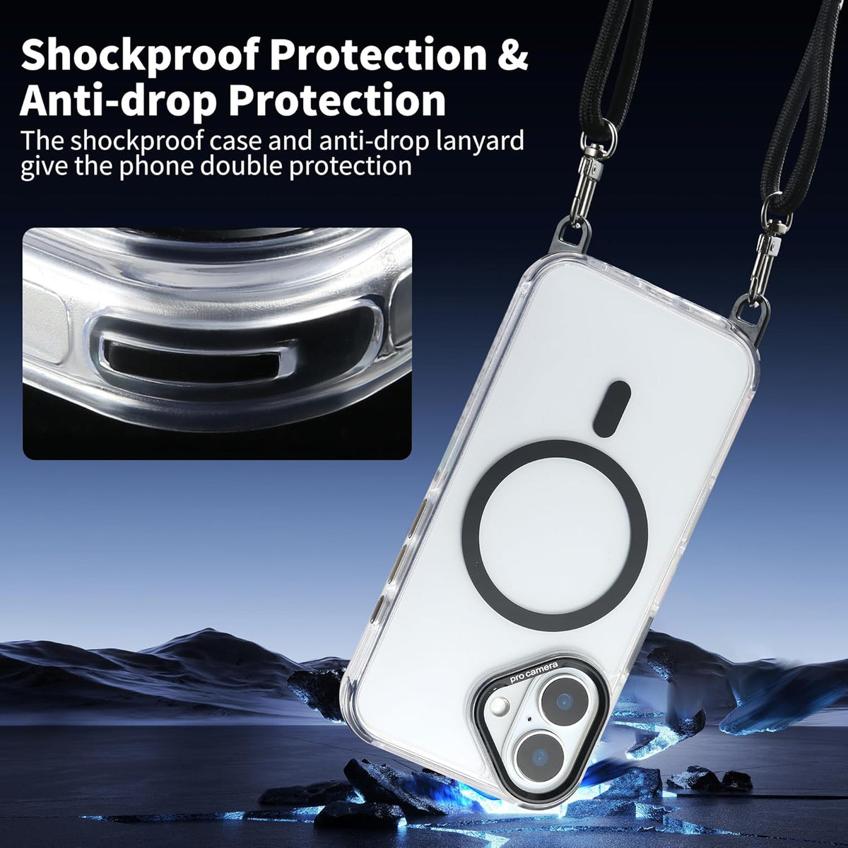 for iPhone 16 Case with 62.99 inch Lanyard, Classic Clear&Black Magnetic Phone Case, Drop&Shockproof Protection Cases, Phone Lanyard for Around The Neck, Compatible with Magnet Accessory