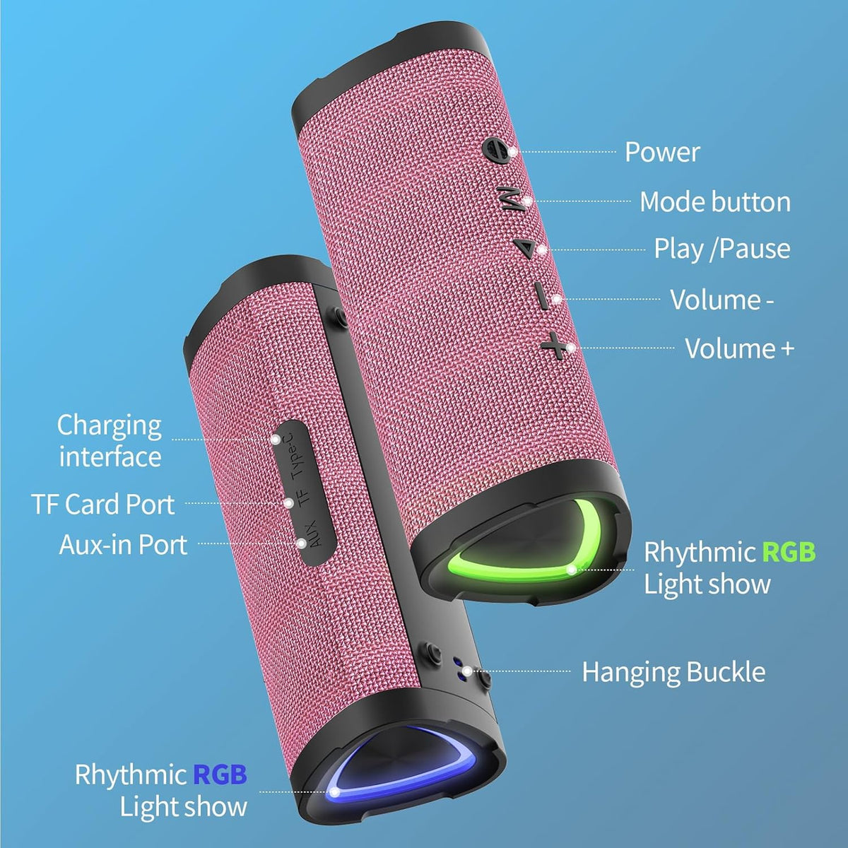 Vanzon Bluetooth Speakers V40 Portable Wireless Speaker V5.0 with 24W Loud Stereo Sound, TWS, 24H Playtime & IPX7 Waterproof, Suitable for Travel, Home&Outdoors-Pink