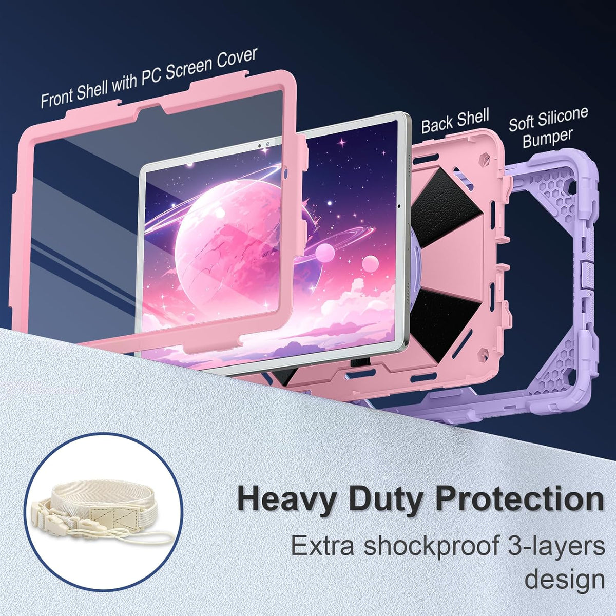 for Galaxy Tab A9 Plus Case 11 Inch, Rugged Case for Samsung Galaxy A9+ Tablet with Screen Protector 360 Rotating Stand Shoulder Strap Pen Holder, 2023 Model(SM-X210/X216/218), Purple Rose