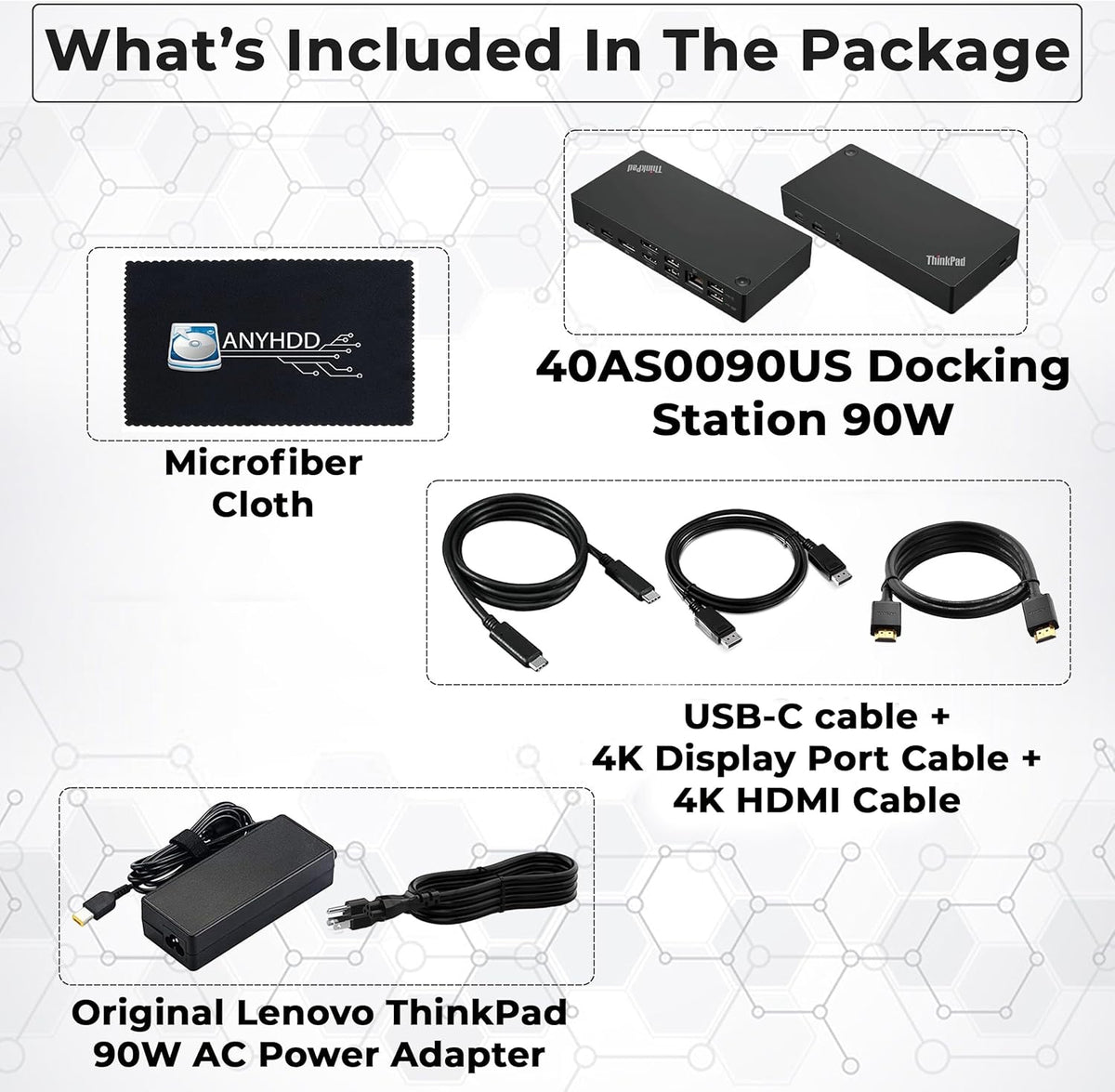 Lenovo 40AS0090USThinkpad Docking Station - Supports 4K Display, 1 Year Warranty, USB C Gen 2 Dock with 90W Adapter + 4K HDMI Cable + USB-C Cable + 4K DisplayPort Cable + Microfiber Cloth (Renewed)
