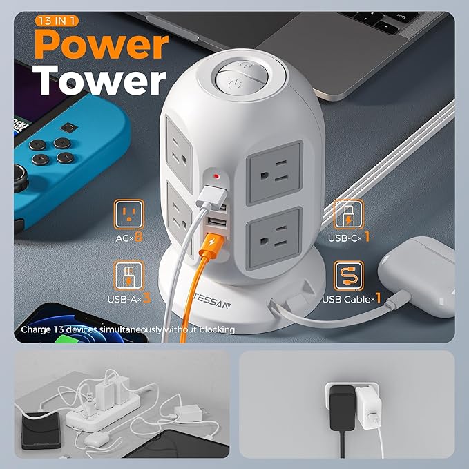 TESSAN Tower Surge Protector Power Strip 10 ft, Long Flat Extension Cord